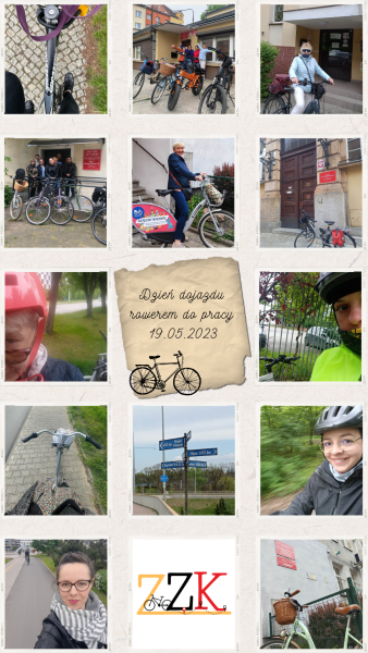 Kolaż różnych zdjęć przedstawiających ludzi z rowerami lub jadących na nich