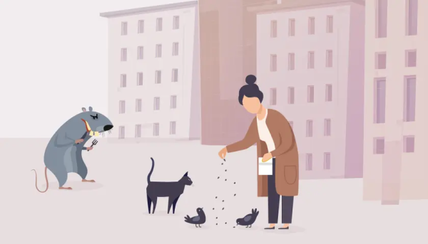 Grafika przedstawiająca kobietę dokarmiającą ptaki i koty, a w tle szczur ze sztućcami w łapach