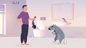 Grafika przedstawiająca mężczyznę z rybimi ościami planującymi wrzucić ją do toalety, a obok szczur z nożem i widelcem