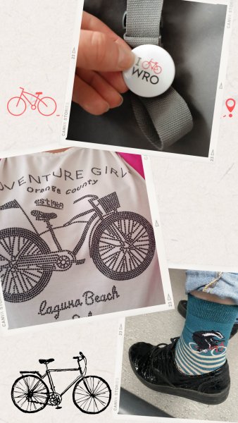 Kolaż trzech zdjęć pokazujący przypinkę z rowerem, bluzkę i skarpetkę na której również jest rower