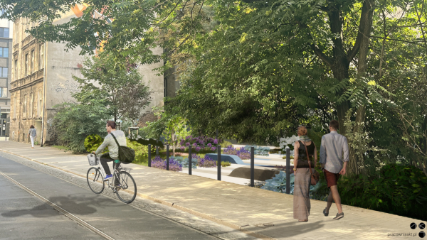 wizualizacja planowanego remontu; zazieleniona przestrzeń z widocznym na pierwszym planie chodnikiem, pieszymi i rowerzystą