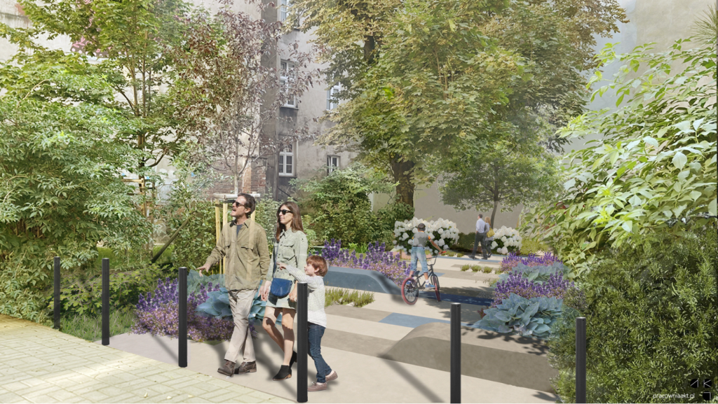 wizualizacja planowanego remontu; zazieleniona przestrzeń z kwitnącą na niebiesko roślinnością; na pierwszym planie idąca chodnikiem trzyosobowa rodzina