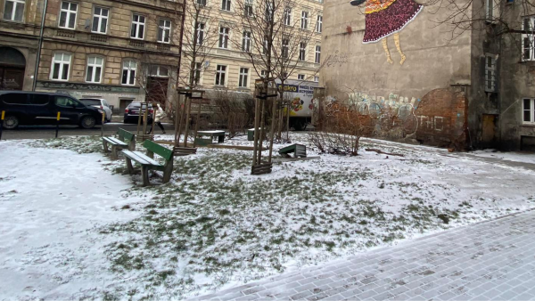 to samo miejsce, stan na 01.24 r.; przykryty śniegiem trawnik, w tle kamienice, jedna z muralem