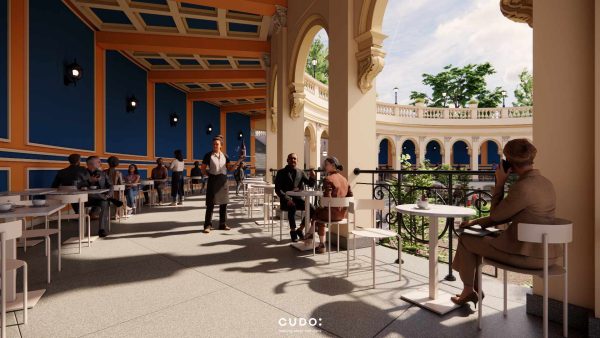 Wizualizacja części Bastionu Sakwowego, widoczna kolumnada oraz siedzący przy stolikach goście kawiarni;