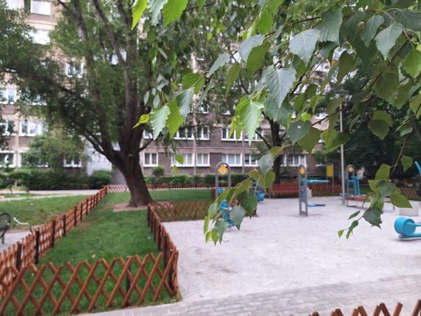 Po prawej stronie widoczna miejska siłownia, po lewej rosłe drzewo ogrodzone płotkiem myśliwskim