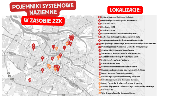 Graficznie przedstawiona mapka z zaznaczonymi punktami występowania pojemników. Po prawej strona widoczna legenda z opisem obrysu podwórka