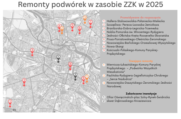 Grafika przedstawiająca mapę Wrocławia z zaznaczonymi planami remontowymi podwórek