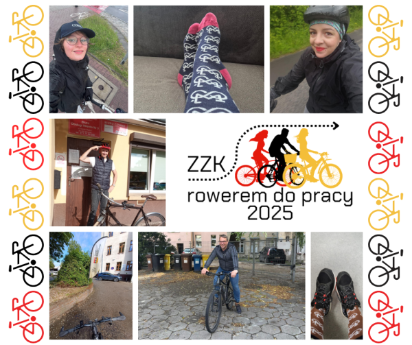 Kolaż siedmiu zdjęć pokazujących różnie: rowerzystę (cztery zdjęcia), kierownicę od roweru i zdjęcia skarpetek na stopach z nadrukowanymi rowerami (dwie fotografię)